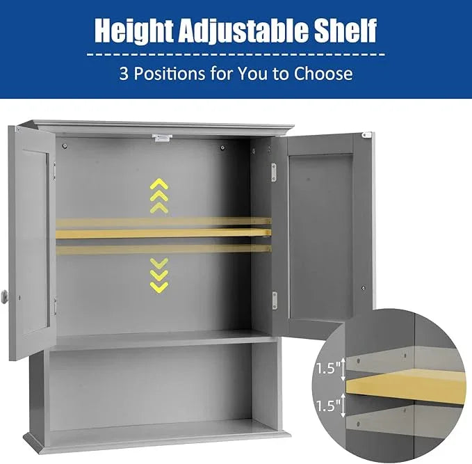 COSTWAY Wall Mounted Bathroom Cabinet, Over The Toilet Storage Cabinet w/Double Doors & Adjustable Shelf, Wood Hanging Medicine Cabinet for Living Room, Entryway, Kitchen (Gray) - ModernBath