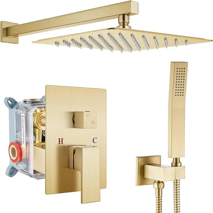 gotonovo Rainfall Bathroom Shower System Rain Shower Head and Handle Set Wall Mounted Shower Complete Combo Solid Brass Pressure Balancing Shower Mixer Valve 12 Inch Brushed Gold - ModernBath