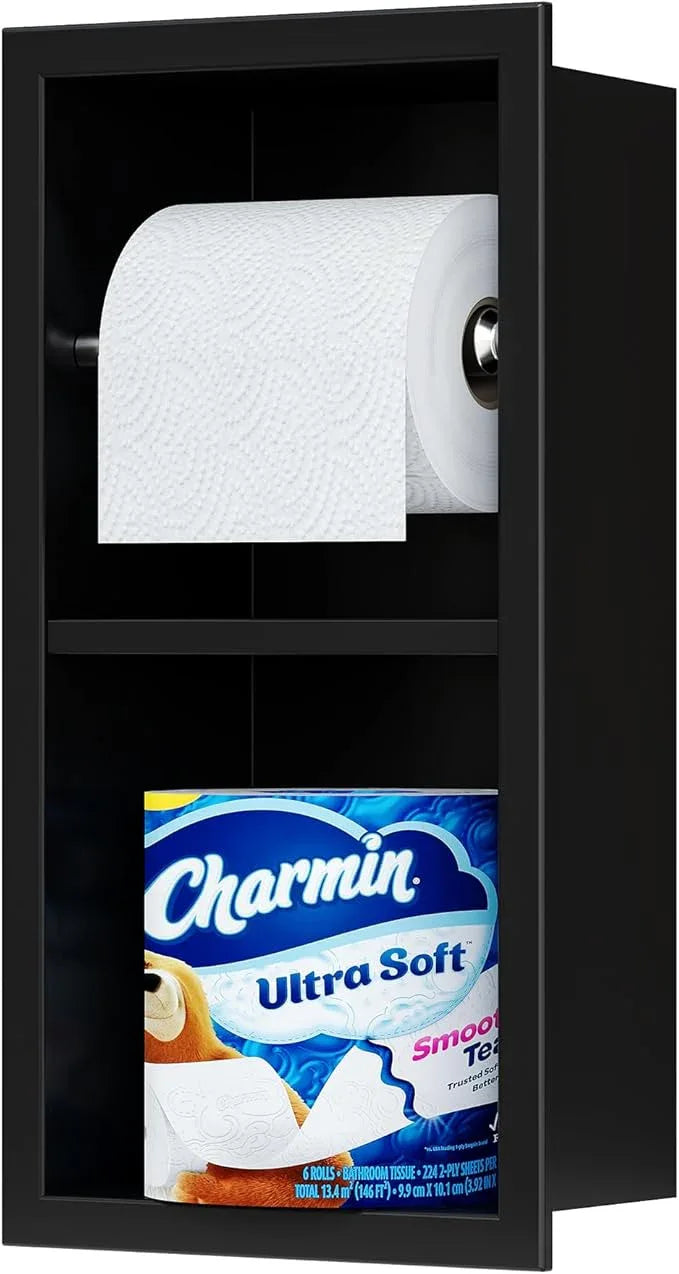 Recessed Toilet Paper Holder, 304 Stainless Steel Bathroom Toilet Paper Holder with Storage, in Wall Tissue Toilet Roll Holder, Matte Black - ModernBath