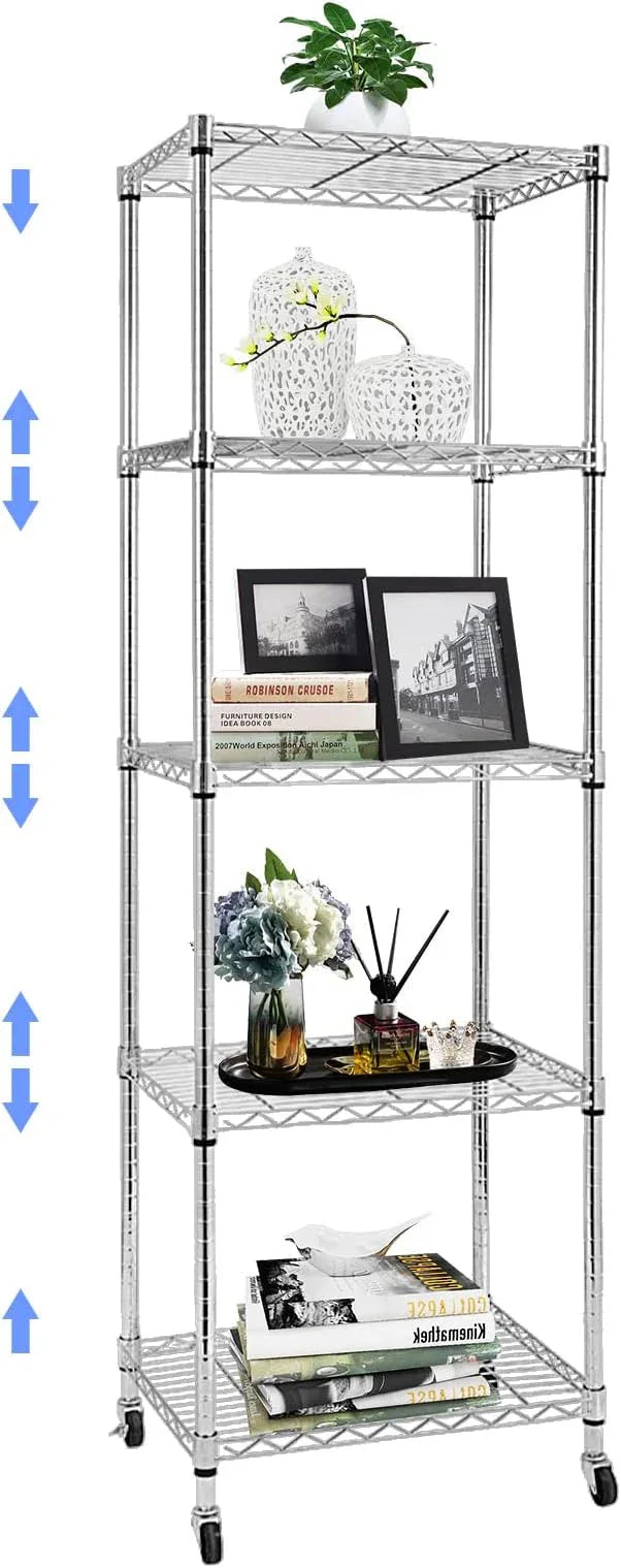 BNSPLY 5 Tier Narrow Wire Shelving Unit with Wheels, Height Adjustable Wire Shelves with NSF Certified, Mobile Metal Storage Rack for Kitchen, Laundry, Bathroom (17.7" D x 23.6" W x 71" H, Chrome) - ModernBath