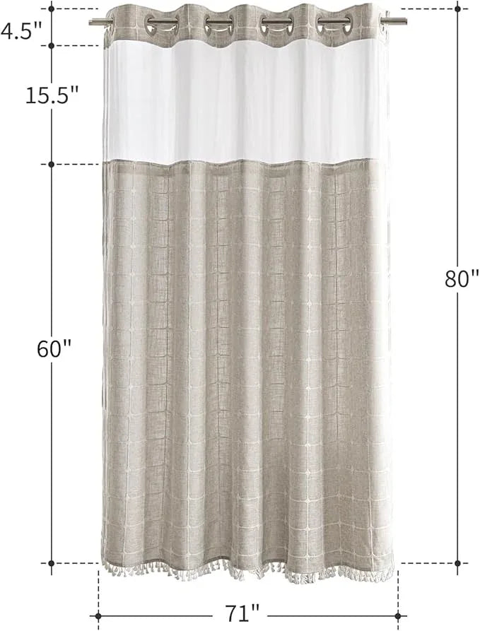 Farmhouse Shower Curtain with Snap-in Liner,No Hooks Needed, Fabric Shower Curtains with Tassels for Rustic Bathroom Decor,with Window,with Magnets,Water Repellent&Machine Washable,Linen,71x80Inch - ModernBath