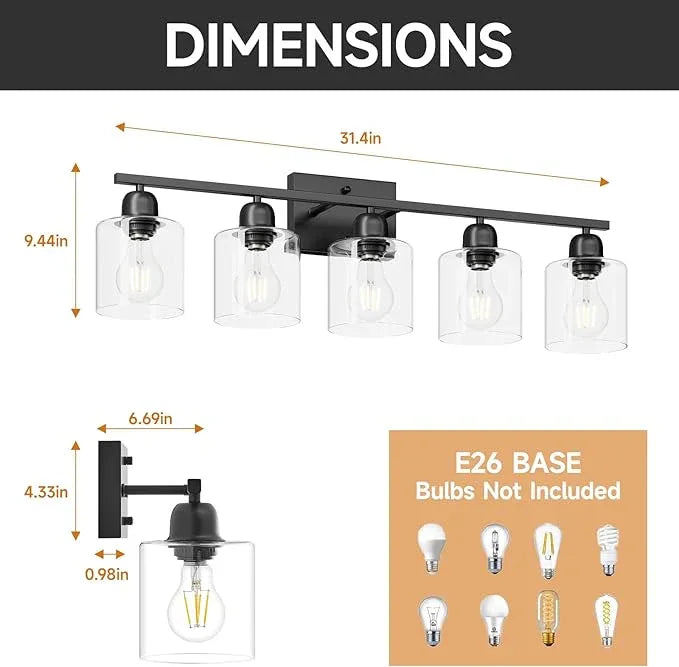 FAISHILAN Modern 5 Light Bathroom Vanity Light, 31 inch Black Bathroom Lights Fixtures, Vanity Lights with Clear Glass for Mirror Kitchen Living Room Hallway Cabinet Porch - ModernBath