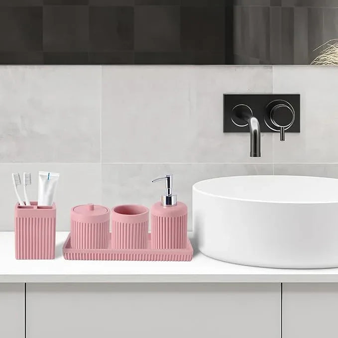 XLHOMO Resin Pink Bathroom Accessories Set 5 Pcs, Lotion Soap Dispenser, Toothbrush Holder, Bathroom Tumbler, Qtip Holder and Vanity Tray, Bathroom Countertop Organizer Set for Modern Home Apartment - ModernBath