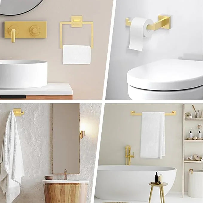 BOZWELL 5 Piece Light Brushed Gold Stainless Steel Towel Bar Set, 23.6 inch Square Bathroom Hardware Accessories Set,Wall Mounted Towel Racks for Bathroom with TP - ModernBath