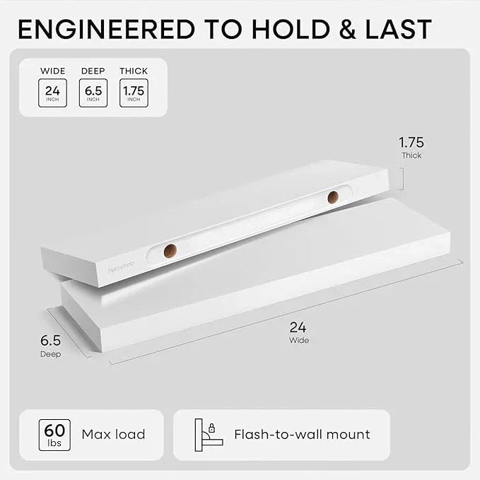 Homeforia White Floating Shelves 24 inch, High End Solid Real Wood 24inch Bathroom Floating Shelf for Wall Mounted, White Wooden 24in Floating Shelves, Heavy Duty Bracket, 24 X 6.5 X 1.75 in, Set of 4 - ModernBath