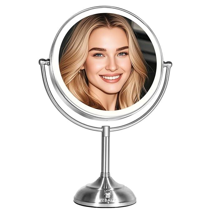 VESAUR 11" Large and 17" Tall Lighted Makeup Mirror, Double Sided 1X 10X Magnifying 3 Colors with Lights, Brightness Adjustable 360° Rotation Cosmetic Light up Mirror, Luxury Nickel - ModernBath