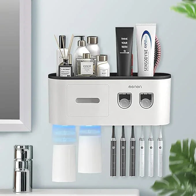 BHeadCat Toothbrush Holders Wall Mounted, Toothbrush Holder with Automatic Toothpaste Dispensers, 6 Brush Slots, 2 Magnetic Cups,1 Cosmetic Drawer Organizer and 1 Large Storage Tray - ModernBath