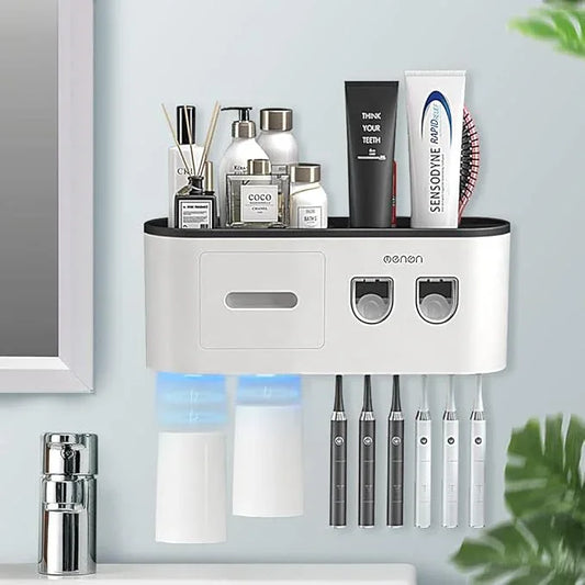 BHeadCat Toothbrush Holders Wall Mounted, Toothbrush Holder with Automatic Toothpaste Dispensers, 6 Brush Slots, 2 Magnetic Cups,1 Cosmetic Drawer Organizer and 1 Large Storage Tray - ModernBath