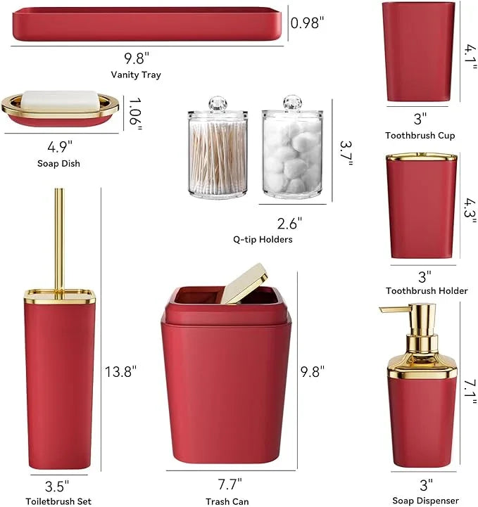XLHOMO Dark Red Bathroom Accessory Set, 9-Piece Burgundy Bathroom Set with Trash Can, Toothbrush Holder, Toothbrush Cup,Soap Dispenser,Soap Dish,Toilet Brush Holder,2 Qtip Holder Dispensers and Tray - ModernBath