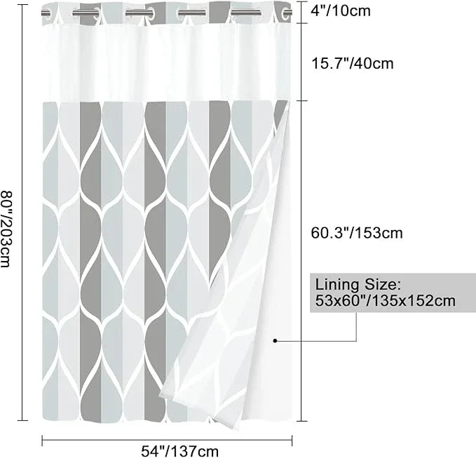 Yiatn No Hook Grey Stall Size Shower Curtain with Snap in Fabric Liner Set - Hotel Style with See Through Mesh Top Window, Modern Geometric Waterdrop Design,Waterproof and Washable, 54x80 INCH - ModernBath