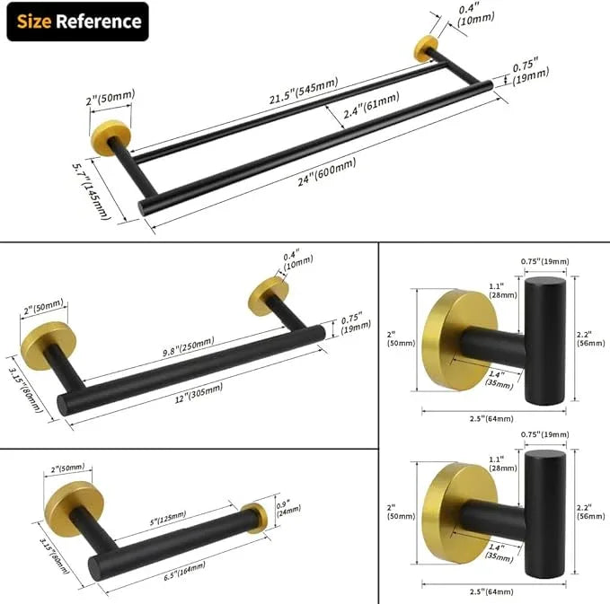 5-Pieces Bathroom Accessories Kit Black & Gold Wall Mounted - Includes 24" Double Towel Bar, 12" Hand Towel Bar, Toilet Paper Holder, 2X Robe Towel Hooks - ModernBath