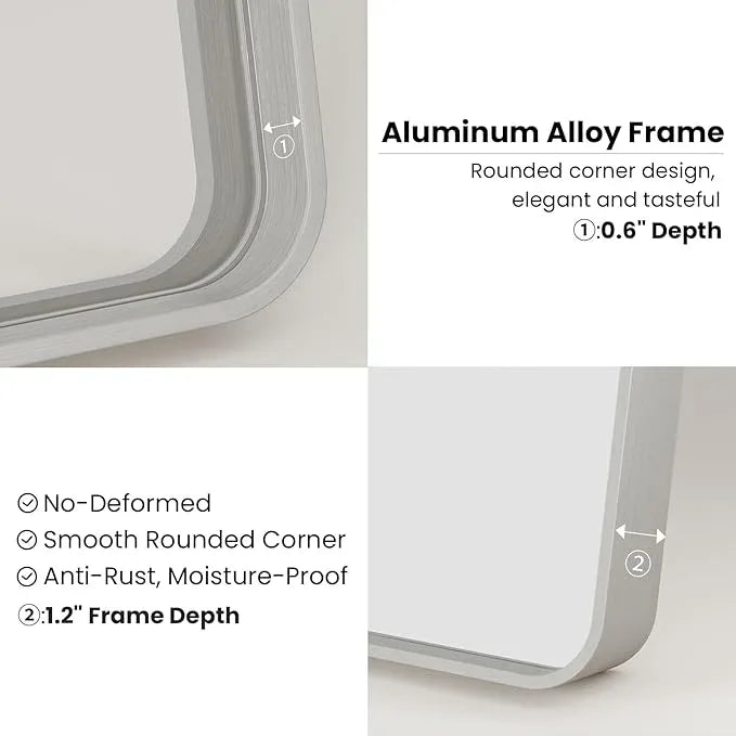 JISOSO Brushed Nickel Bathroom Mirror 28x36 Inch, Brushed Silver Metal Frame Mirror Wall Mounted, Rounded Rectangle Bathroom Vanity Mirror, Tempered Glass, Anti-Rust, Horizontal/Vertical - ModernBath