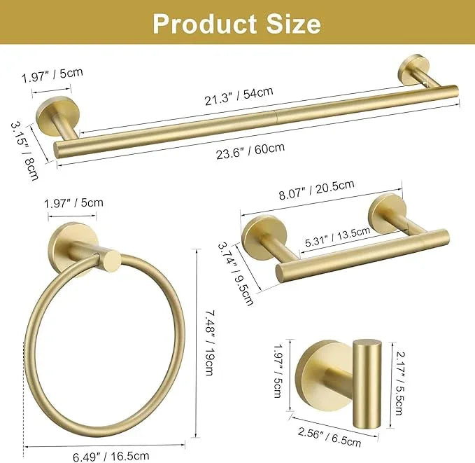 5 Pieces Brushed Gold Towel Bar Set, Upgraded Round Bathroom Hardware Accessories Set, Toilet Paper Holder Towel Holder Set for Bathroom Stainless Steel Wall Mounted 23.6Inch - ModernBath