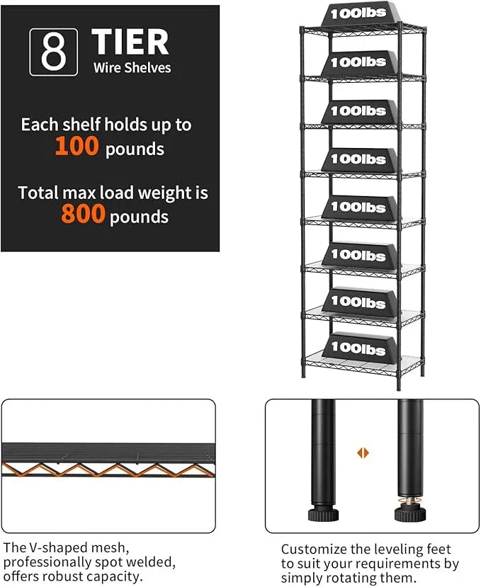 SINGAYE 8 Tier Shelf Organizer Storage Metal Shelves Garage Wire Shelving Unit Pantry Rack Adjustable Standing Storage for Kitchen Closet Laundry Bathroom Pantry 12" D x 22" W x 74" H Black - ModernBath
