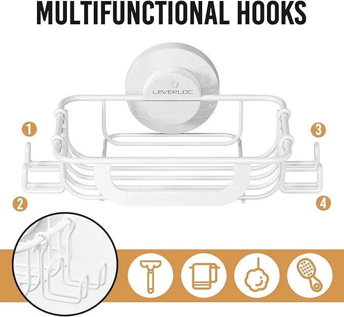 LEVERLOC Soap Holder Dish with Hooks for Shower, Bar Suction Cup Soap Tray Wall Mounted, Rustproof Stainless Steel Sponge Holder Caddy for Bathroom Bathtub Kitchen Sink, White - ModernBath