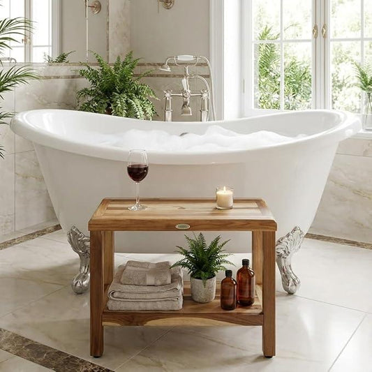 EcoDecors Eleganto 24 Inch Natural Color Waterproof Teak Wood Shower Bench Stool Seat Chair For Inside Shower Provides Safety, Storage, and Organization For Bathroom Accessories - ModernBath