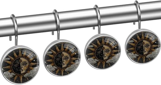 Vintage Boho Sun Shower Curtain Hooks, 12Pcs Decorative Rust Resistant Shower Rings for Shower Curtain Rods, Stainless Steel Round Curtain Hooks for Bathroom, Bedroom, Farmhouse - ModernBath