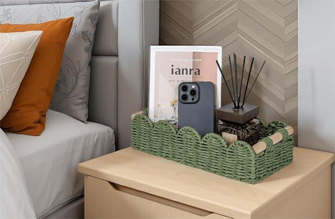 CubesLand Decorative Toilet Paper Storage Basket, Modern Farmhouse Home Decor Basket for Organizing, Scalloped Pantry Baskets for Shelves, Countertop, Living Room, w/Wood Handles, Green 2 Sizes - ModernBath