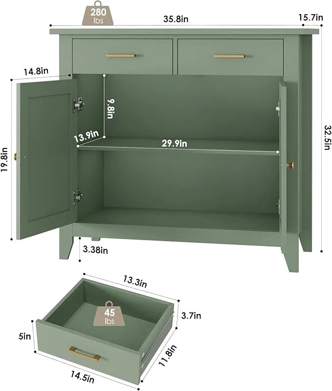 HORSTORS Kitchen Storage Cabinet, Modern Farmhouse Buffet Cabinet with Storage, Coffee Bar with 2 Drawers and 2 Doors, Floor Sideboard Buffet for Living Room, Dining Room, Bathroom, Green - ModernBath