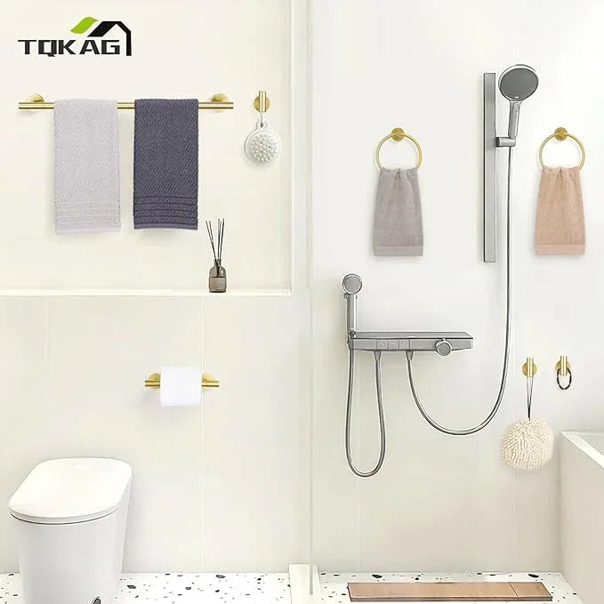 TQKAG 8-Pieces Bathroom Hardware Set Brushed Gold SUS304 Stainless Steel Bath Towel Bar Set 23.6 Inch Round Bathroom Accessories Kit Wall Mounted - ModernBath