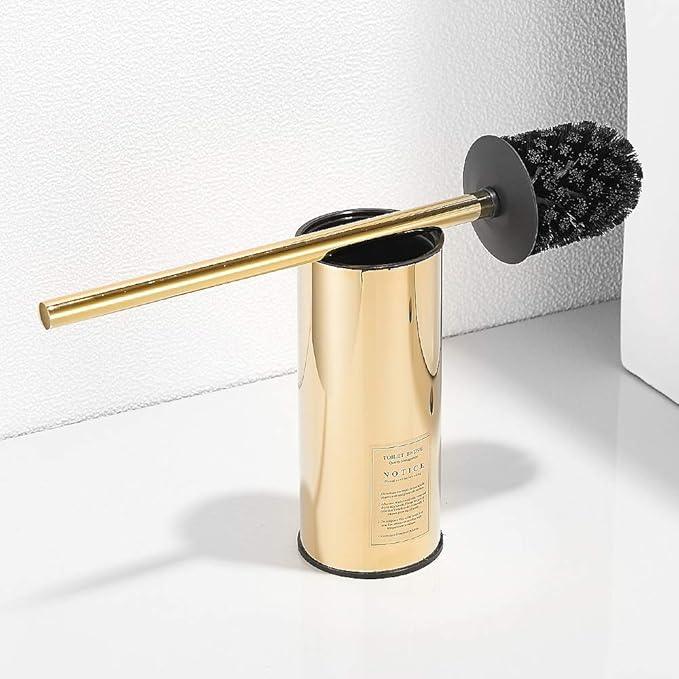 LANGPAI Freestanding Toilet Brush Holder for bathrooms 304 Stainless Steel Toilet Brush Stand Round Storage and Organization Rust Resistant 18-inch high Polished Gold Finished - ModernBath