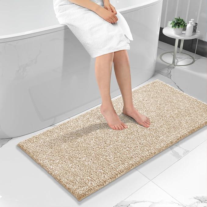 Yimobra Bathroom Runner Rug Non Slip Washable, Soft Absorbent Microfiber Long Bath Mat, Dual-Tone Decor Rug with Rubber Backing for Floor, Tub and Hallway,56x24,Home Essentials,Light Beige and White - ModernBath