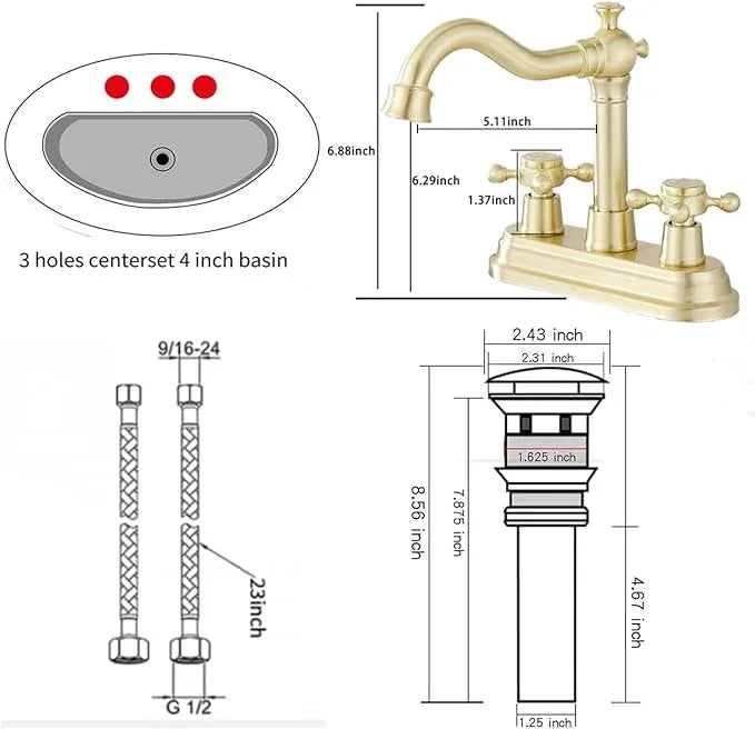 GGStudy Bathroom Faucet Brushed Gold 2 Handles 4 Inches Centerset Bathroom Vanity with Drain Assembly and Supply Hose Lavatory Faucet - ModernBath