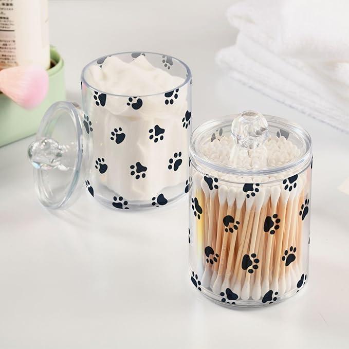 Tatenale Qtip Holder Bathroom Set Q tip Cotton Ball Swab Pad Dispenser Container Organizer Plastic Jars with Lids Storage 2Pack Small Paw Print White - ModernBath