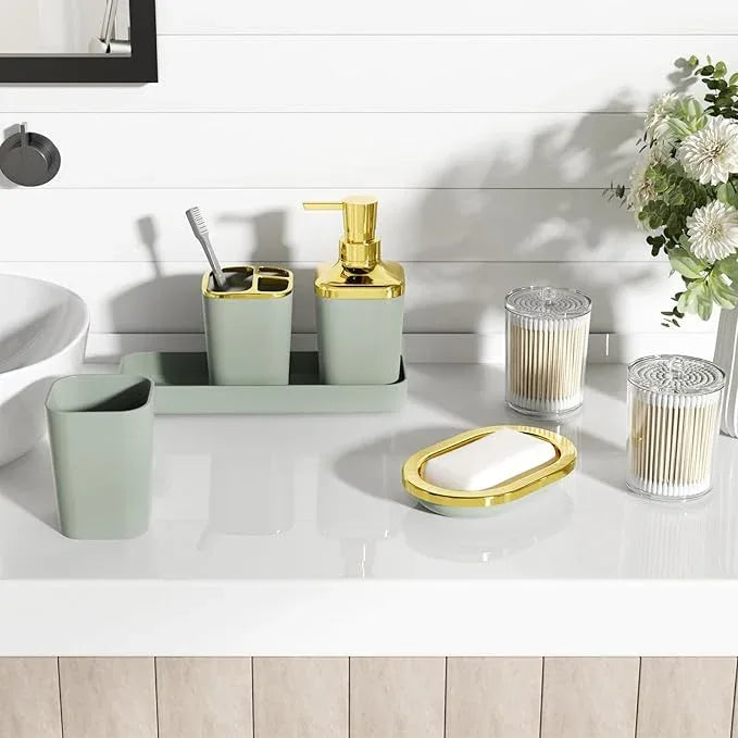 XLHOMO Bathroom Set, Sage Green Bathroom Accessories Set with Press-on Lid Bathroom Trash Can, Soap Dispenser, 10PC Bathroom Accessory Set for Home - ModernBath