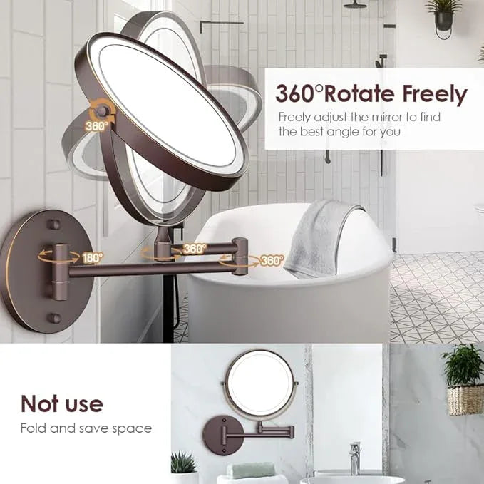 Rocollos Rechargeable Wall Mounted Lighted Makeup Mirror, 8 Inch Double-Sided LED Vanity Mirror 1X/10X Magnification,3 Color Lights Touch Screen Dimmable 360°Swivel 13 Inch Extendable - ModernBath