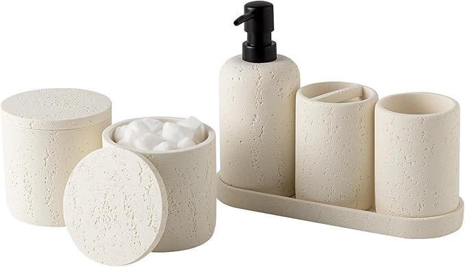 WUUAHOME Bathroom Accessories Set, Travertine Stone-Look, 6 PCS Bathroom Accessory Set with Soap Dispenser, Toothbrush Holder, Tumbler, Vanity Tray, Cotton Swab Jars for Countertop (Off White 6 PCS) - ModernBath