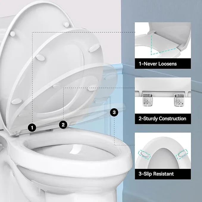 R&T Round Toilet Seat for Standard Toilet Bowl (16.5'') No-Slam Soft-Closing Quick-Release Hinge & Quick-Attach Hardware Never Loosen Plastic White - ModernBath