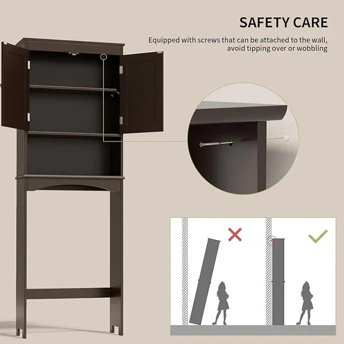 Gizoon Over The Toilet Storage Cabinet with Adjustable Shelf and Double Doors, Bathroom Space Saver Organizer Above Toilet with Open Shelf, Taller Wooden Free Standing Toilet Rack -Espresso - ModernBath