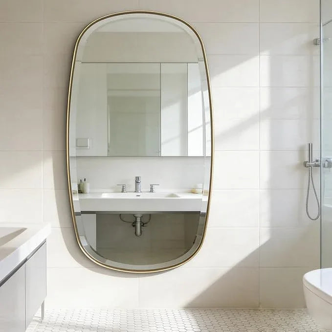 POZINO Brushed Gold Beveled Mirror, 24"x40" Modern Rounded Rectangle Mirrors, Brass Oval Mirrors, Oblong Vanity Wall Mirror in Premium Stainless Steel Frame, Hangs Horizontal Or Vertical - ModernBath