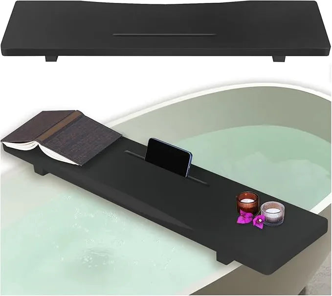 Stylish Black Bamboo Bathtub Tray Caddy with Adjustable Legs, Minimalistic Design Bath Tray for Tub, Bathtub Accessories, Fits Most Free Standing Bath Tubs, Idea for Women - ModernBath