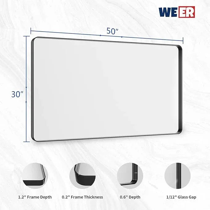 WEER 50X30 Inch Black Metal Framed Bathroom Mirror, Black Bathroom Vanity Mirror Farmhouse, Rounded Rectangular Matte Black Wall Mirrors, Tempered Glass, Anti-Rust (Horizontal/Vertical) - ModernBath