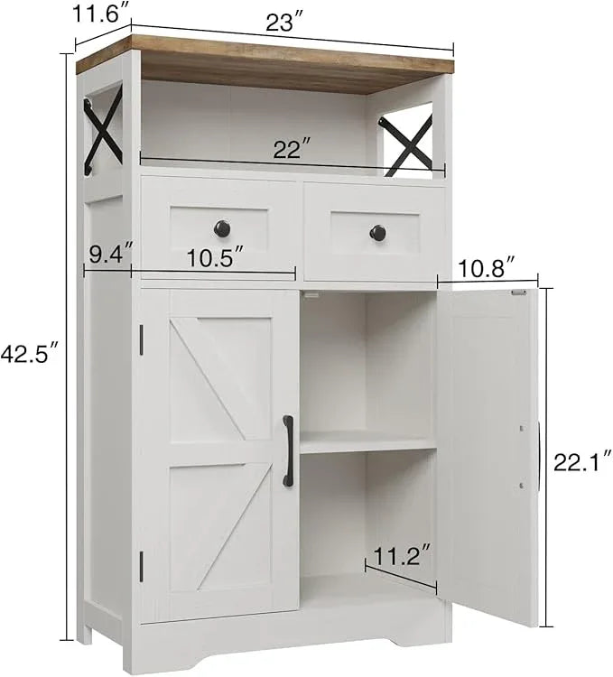 Farmhouse Storage Cabinet with Barn Doors and Shelves, Farmhouse Kitchen Pantry, Small Tall Coffee Bar Cabinet with Storage, Hutch Cupboard for Bathroom, Laundry, Living Room,White - ModernBath