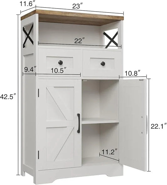 Farmhouse Storage Cabinet with Barn Doors and Shelves, Farmhouse Kitchen Pantry, Small Tall Coffee Bar Cabinet with Storage, Hutch Cupboard for Bathroom, Laundry, Living Room,White - ModernBath