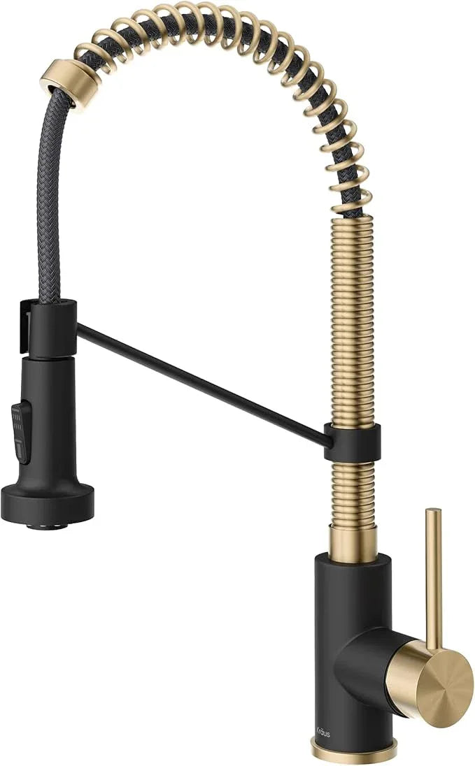 KRAUS Bolden Commercial Style 2-Function Single Handle Pull Down Kitchen Faucet in Spot-Free Antique Champagne Bronze/Matte Black, KPF-1610SFACBMB - ModernBath