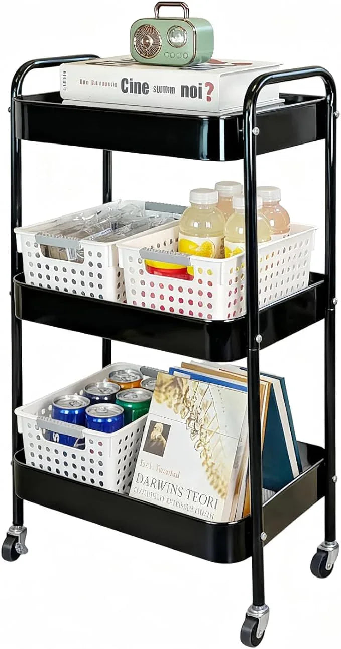 3 Tier Rolling Storage Cart for Kitchen Storage & Laundry Room Organization, Large Capacity Metal Utility Cart on Wheels and 4 Hooks for Art Lash Craft Bedside, Sturdy Nursery Organizer, Black - ModernBath