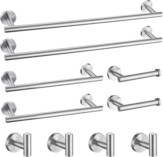 TURS Brushed Nickel 10 Pieces Bathroom Hardware Set, SUS304 Stainless Steel 24 Inch Bath Towel Bar Set, Round Bathroom Accessories Kit Wall Mounted