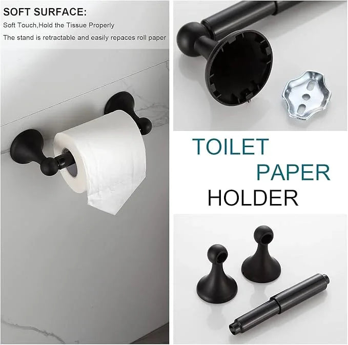 BGL Bathroom Accessory Set, Matte Black Adjustable Expandable Towel Bar 4-Piece Bathroom Hardware Set Wall Mounted Robe Hook Toilet Paper Holder Towel Ring Towel Bar - ModernBath