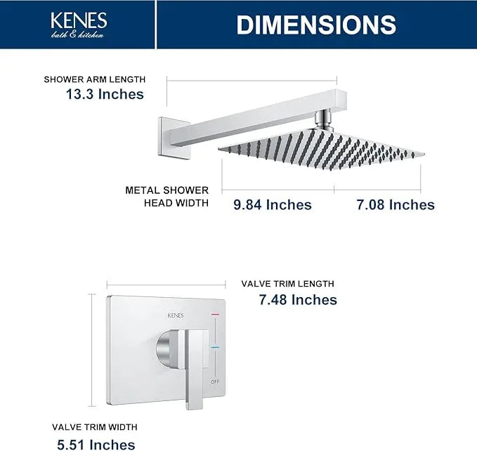 KENES Modern Polished Chrome 10-Inch Shower Head and Handle Set, Square Shower Faucet Set Bathroom Rainfall Shower System, KE-6024B-5 (Shower Valve Included) - ModernBath