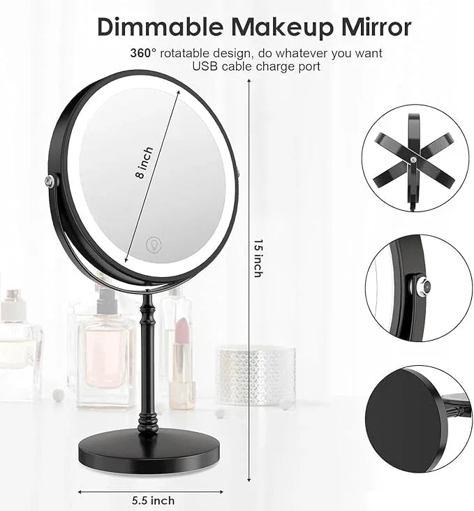 Lighted Makeup Mirror, 3000 mAh Rechargeable Double Sided Magnifying Vanity Mirror with 3 Colors, 1x/10x, 360° Rotation , Brightness Adjustable Magnification Cosmetic Light up Mirror, Women Gift - ModernBath