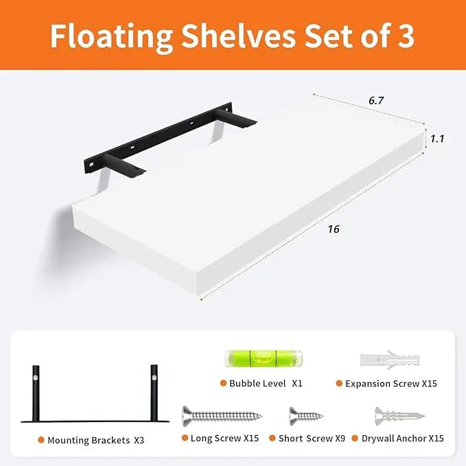 White Floating Shelves for Wall Set of 3, 16" White Shelves for Home Decor, Frame Display Wall Mounted Floating Shelf for Living Room, Bedroom, Bathroom, Kitchen - ModernBath