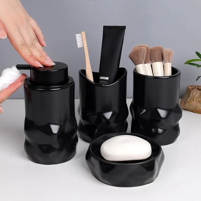 BosilunLife Modern Ceramic Bathroom Accessories Set, Bathroom Counter Set Matte Black Bathroom Decor Sets Accessories Bathroom Foam Soap Dispenser, Toothbrush Holder Set, Soap Dish, Apothecary Jars - ModernBath