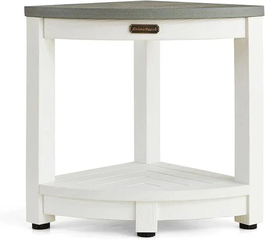 HDPS Corner Shower Stool, Heavy Duty Bench Seat with Shelf, Poly Shower Chair for Shaving Legs, No Maintenance, White+Gray, Weight Capacity 500LBS - ModernBath