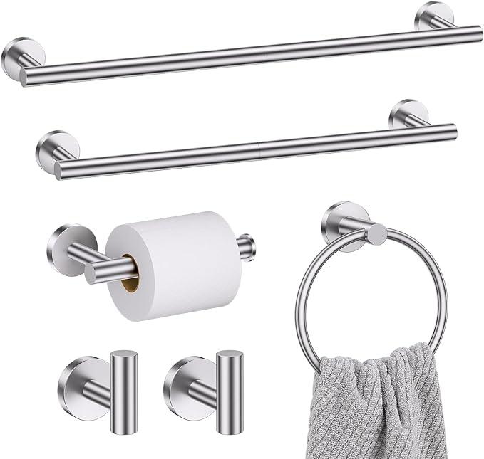 Bathroom Hardware Set, 6-Piece Towel Bar Set Brushed Nickel Towel Holder Set Includes 19.68/23.6 in Towel Bar,Toilet Paper Holder,Towel Ring and Towel Hook Wall Mount Bathroom Accessories Set - ModernBath