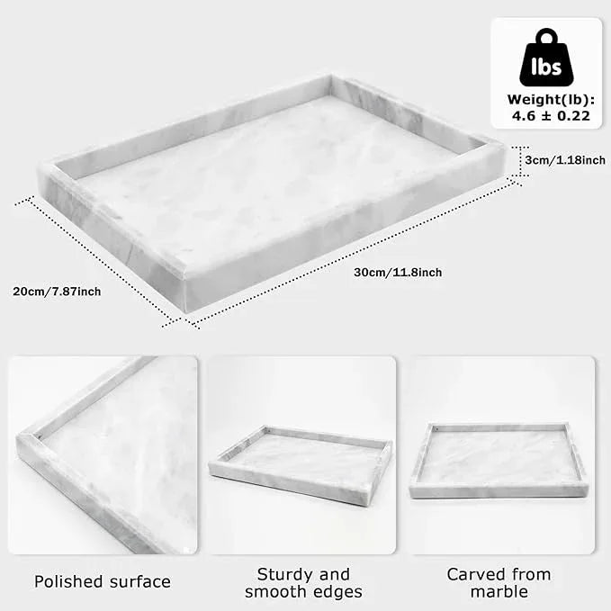 MULWR Marble Bathroom Tray,Pure Natural Marble Vanity Tray,Marble Tray for Kitchen Counter Non-Ceramic/Non-Resin,Stone Tray 12 x 8 inch (White) - ModernBath