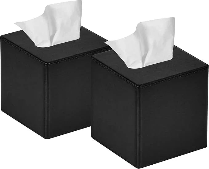 GOLRANLYE Tissue Box Cover Square 2 Pack PU Leather Facial Tissue Box Holder for Dresser Bathroom Decor (Black) - ModernBath